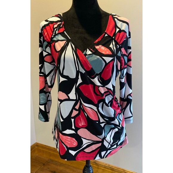 AB Studio Faux Wrap Blouse Plus Size XL Top Abstract Pattern Pink Gray + Stretch - Picture 3 of 12
